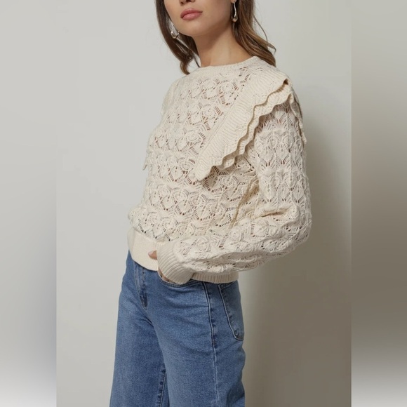 Line & Dot Sweaters - LINE & DOT Women’s Cream Knit Crochet Ruffle Sweater Size Small